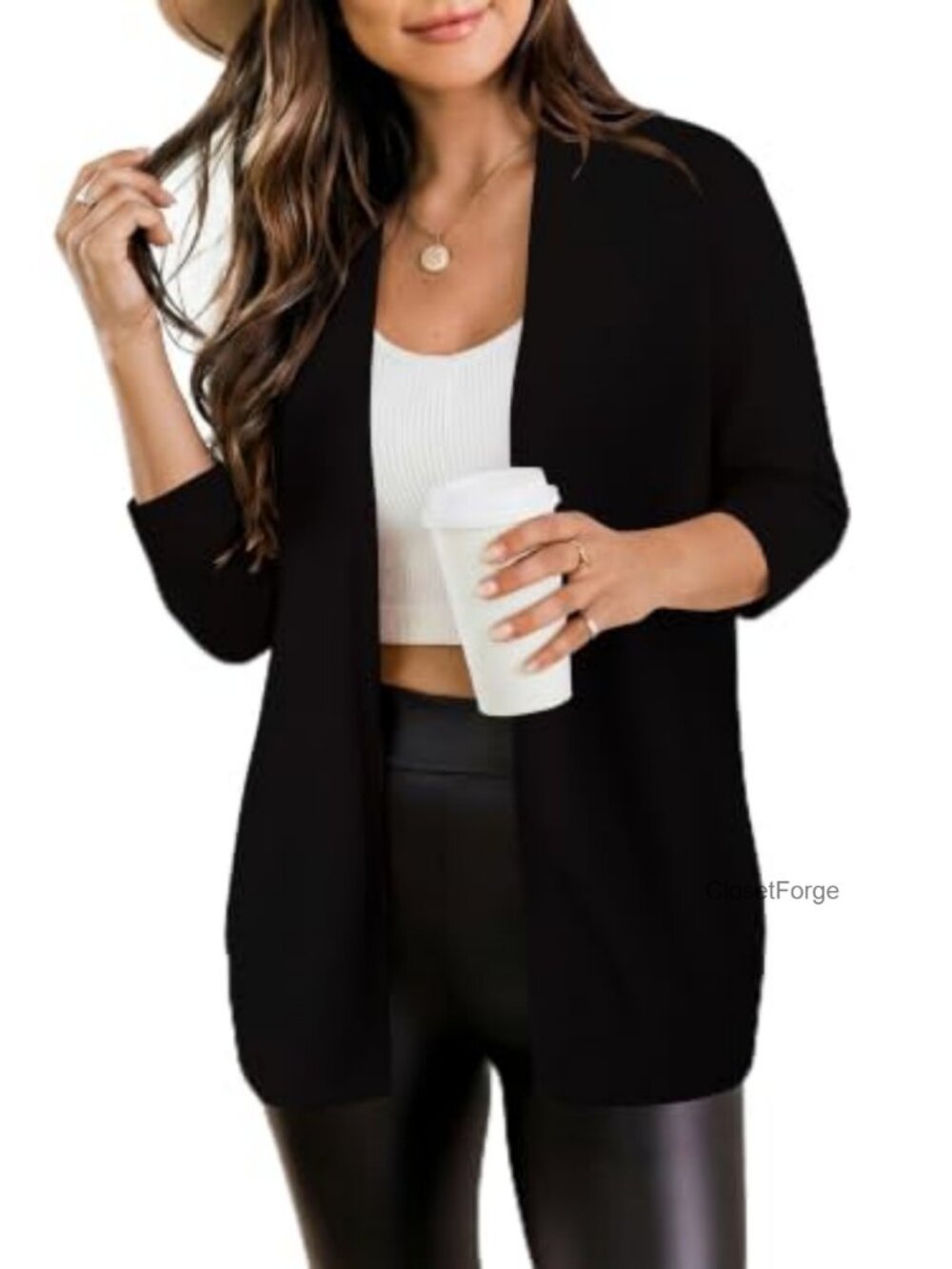 Lightweight Open Front Cardigan V-Neck 3/4 Sleeve Knit Sweater with Pockets